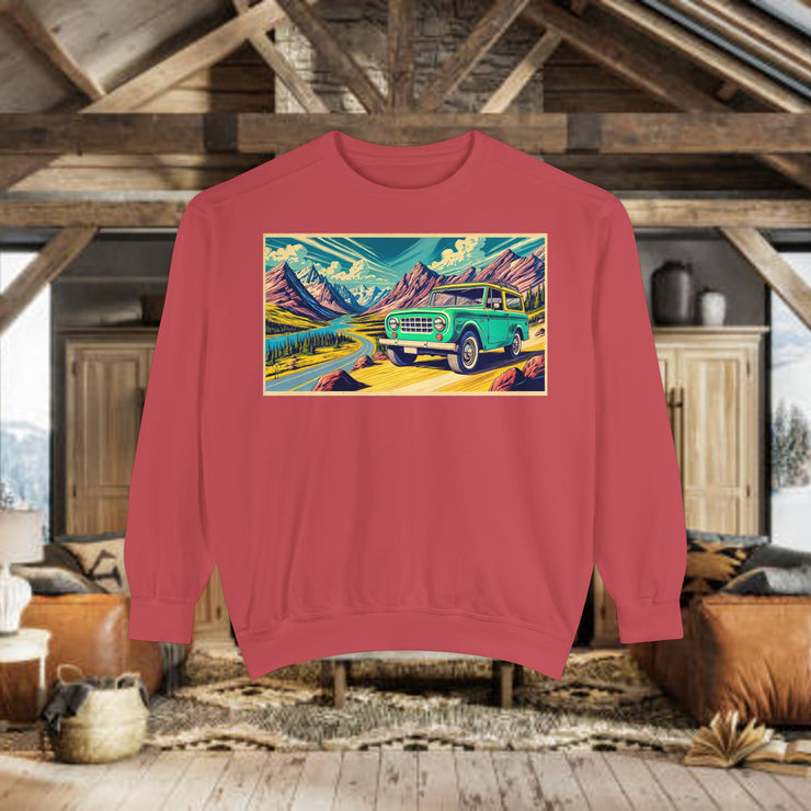 Vintage International Harvester Travelall Mountain Scene Unisex Garment-Dyed Sweatshirt | Retro Adventure Sweatshirt