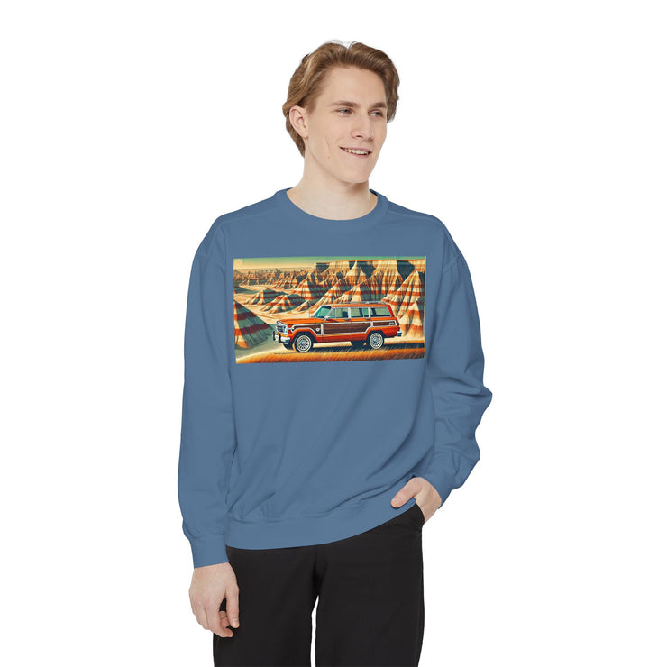 Vintage Jeep Grand Wagoneer Desert Scene Unisex Garment-Dyed Sweatshirt | Retro SUV Sweatshirt