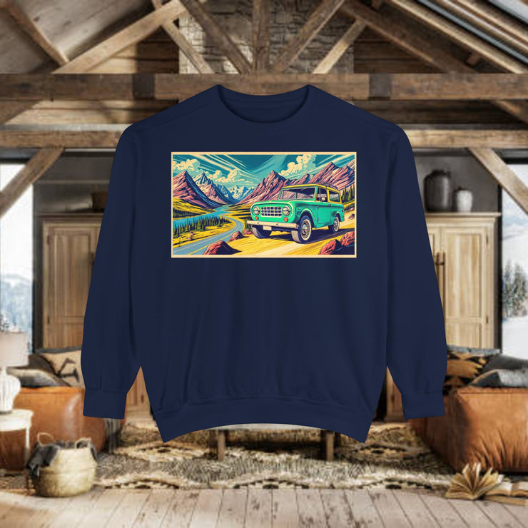 Vintage International Harvester Travelall Mountain Scene Unisex Garment-Dyed Sweatshirt | Retro Adventure Sweatshirt