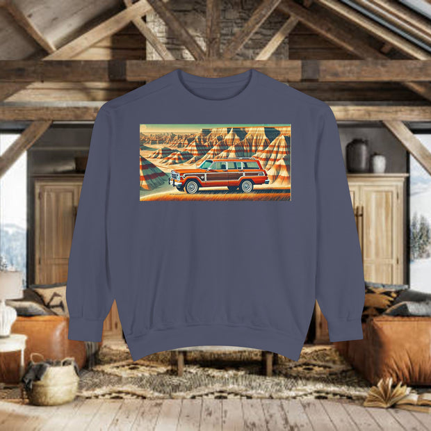 Vintage Jeep Grand Wagoneer Desert Scene Unisex Garment-Dyed Sweatshirt | Retro SUV Sweatshirt