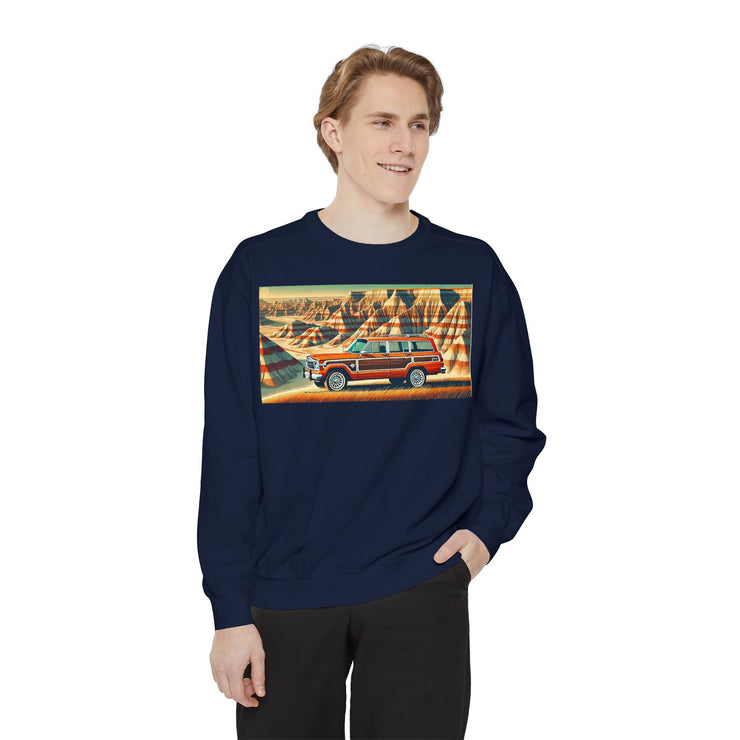 Vintage Jeep Grand Wagoneer Desert Scene Unisex Garment-Dyed Sweatshirt | Retro SUV Sweatshirt