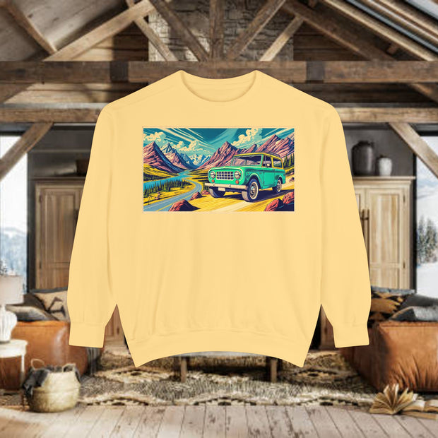 Vintage International Harvester Travelall Mountain Scene Unisex Garment-Dyed Sweatshirt | Retro Adventure Sweatshirt