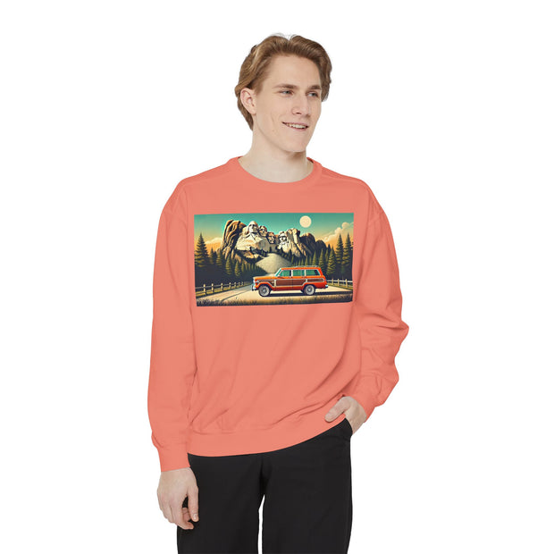 Vintage Jeep Grand Wagoneer Mount Rushmore Scene Unisex Garment-Dyed Sweatshirt | Retro Adventure Apparel