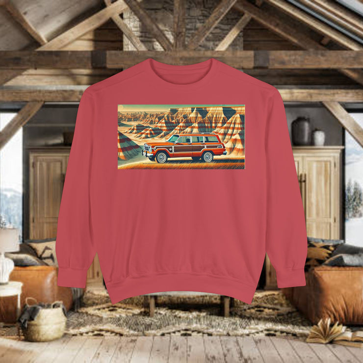 Vintage Jeep Grand Wagoneer Desert Scene Unisex Garment-Dyed Sweatshirt | Retro SUV Sweatshirt