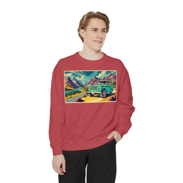 Vintage International Harvester Travelall Mountain Scene Unisex Garment-Dyed Sweatshirt | Retro Adventure Sweatshirt