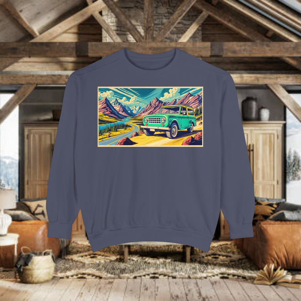 Vintage International Harvester Travelall Mountain Scene Unisex Garment-Dyed Sweatshirt | Retro Adventure Sweatshirt