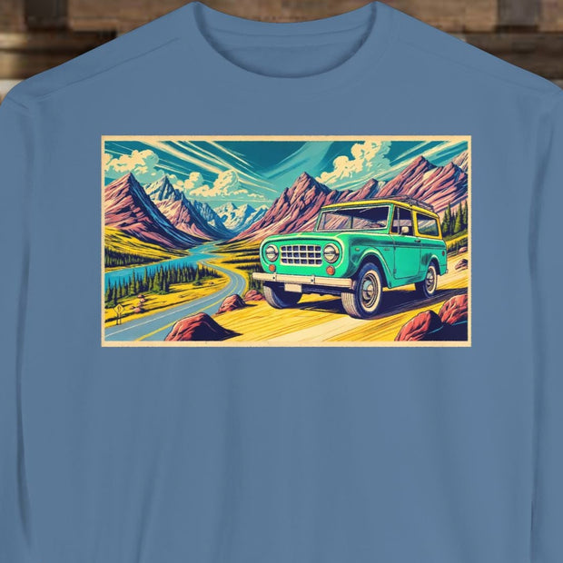 Vintage International Harvester Travelall Mountain Scene Unisex Garment-Dyed Sweatshirt | Retro Adventure Sweatshirt