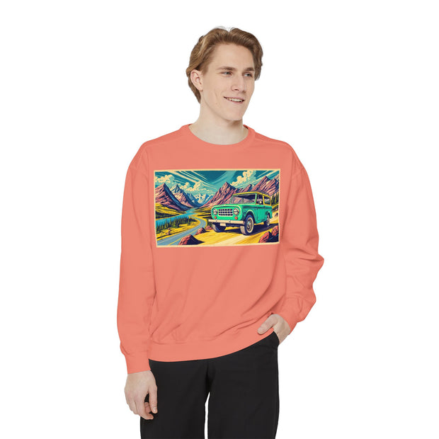 Vintage International Harvester Travelall Mountain Scene Unisex Garment-Dyed Sweatshirt | Retro Adventure Sweatshirt