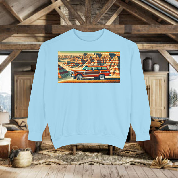 Vintage Jeep Grand Wagoneer Desert Scene Unisex Garment-Dyed Sweatshirt | Retro SUV Sweatshirt