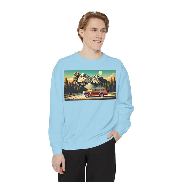 Vintage Jeep Grand Wagoneer Mount Rushmore Scene Unisex Garment-Dyed Sweatshirt | Retro Adventure Apparel