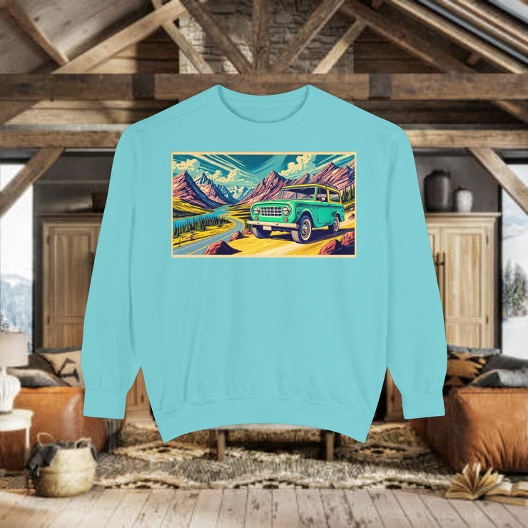 Vintage International Harvester Travelall Mountain Scene Unisex Garment-Dyed Sweatshirt | Retro Adventure Sweatshirt