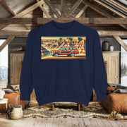 Vintage Jeep Grand Wagoneer Desert Scene Unisex Garment-Dyed Sweatshirt | Retro SUV Sweatshirt