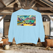 Vintage International Harvester Travelall Mountain Scene Unisex Garment-Dyed Sweatshirt | Retro Adventure Sweatshirt