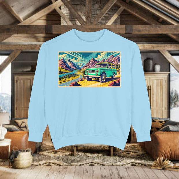 Vintage International Harvester Travelall Mountain Scene Unisex Garment-Dyed Sweatshirt | Retro Adventure Sweatshirt