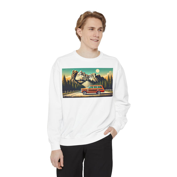 Vintage Jeep Grand Wagoneer Mount Rushmore Scene Unisex Garment-Dyed Sweatshirt | Retro Adventure Apparel