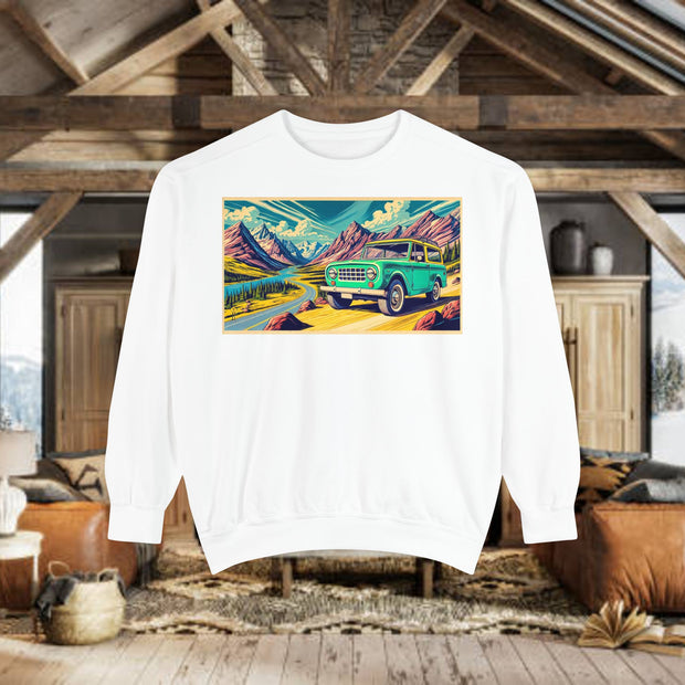 Vintage International Harvester Travelall Mountain Scene Unisex Garment-Dyed Sweatshirt | Retro Adventure Sweatshirt