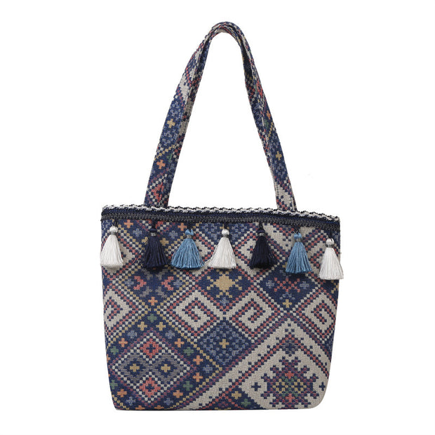 Bohemian Handwoven Tote Bag with Geometric Patterns and Tassel Embellishments