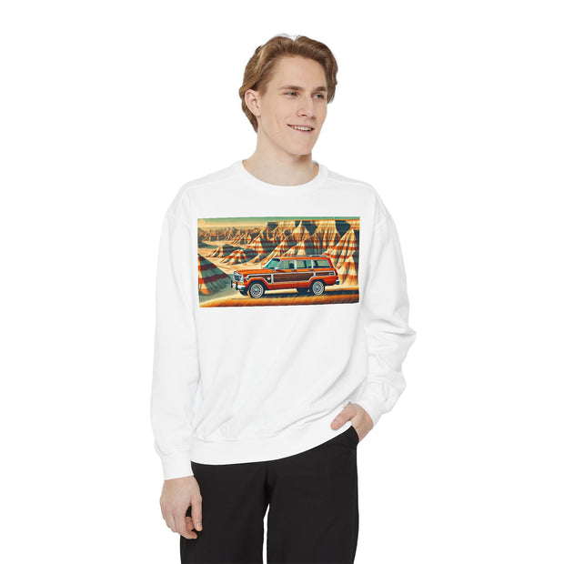 Vintage Jeep Grand Wagoneer Desert Scene Unisex Garment-Dyed Sweatshirt | Retro SUV Sweatshirt