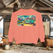 Vintage International Harvester Travelall Mountain Scene Unisex Garment-Dyed Sweatshirt | Retro Adventure Sweatshirt