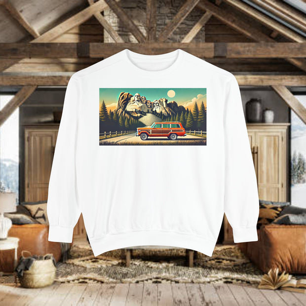 Vintage Jeep Grand Wagoneer Mount Rushmore Scene Unisex Garment-Dyed Sweatshirt | Retro Adventure Apparel