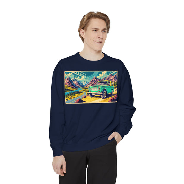 Vintage International Harvester Travelall Mountain Scene Unisex Garment-Dyed Sweatshirt | Retro Adventure Sweatshirt