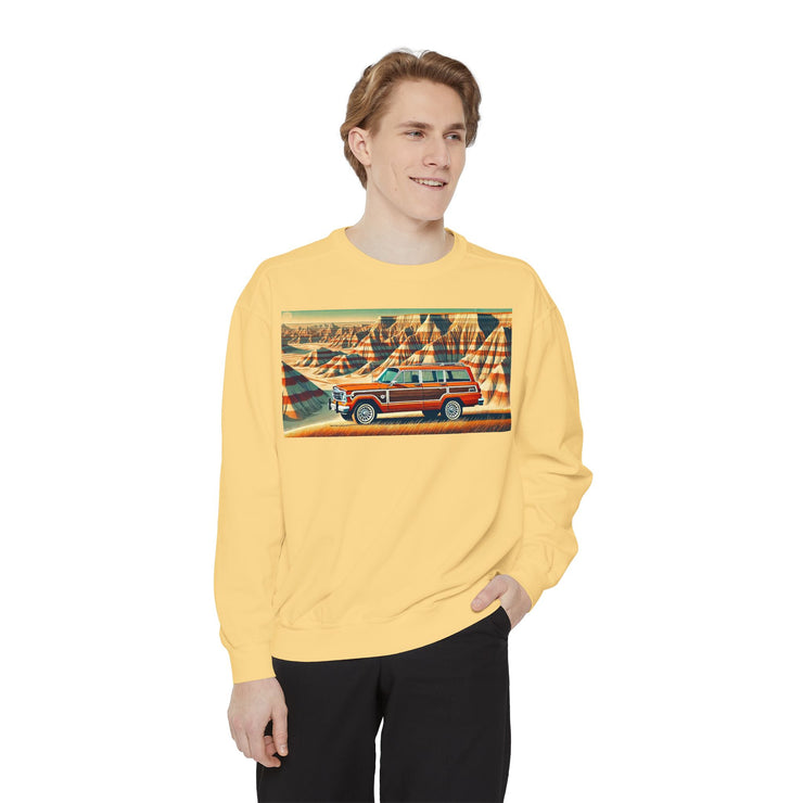 Vintage Jeep Grand Wagoneer Desert Scene Unisex Garment-Dyed Sweatshirt | Retro SUV Sweatshirt