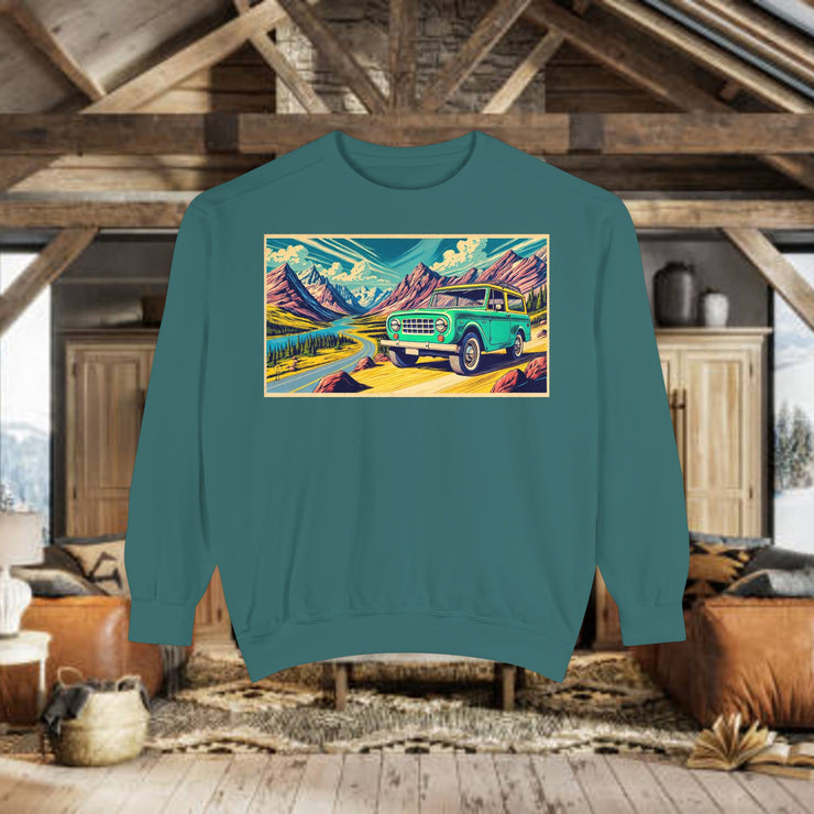 Vintage International Harvester Travelall Mountain Scene Unisex Garment-Dyed Sweatshirt | Retro Adventure Sweatshirt