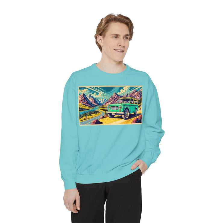 Vintage International Harvester Travelall Mountain Scene Unisex Garment-Dyed Sweatshirt | Retro Adventure Sweatshirt