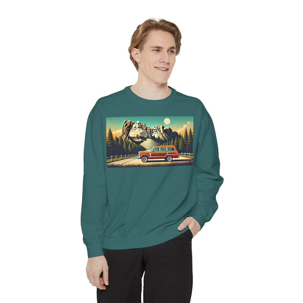 Vintage Jeep Grand Wagoneer Mount Rushmore Scene Unisex Garment-Dyed Sweatshirt | Retro Adventure Apparel