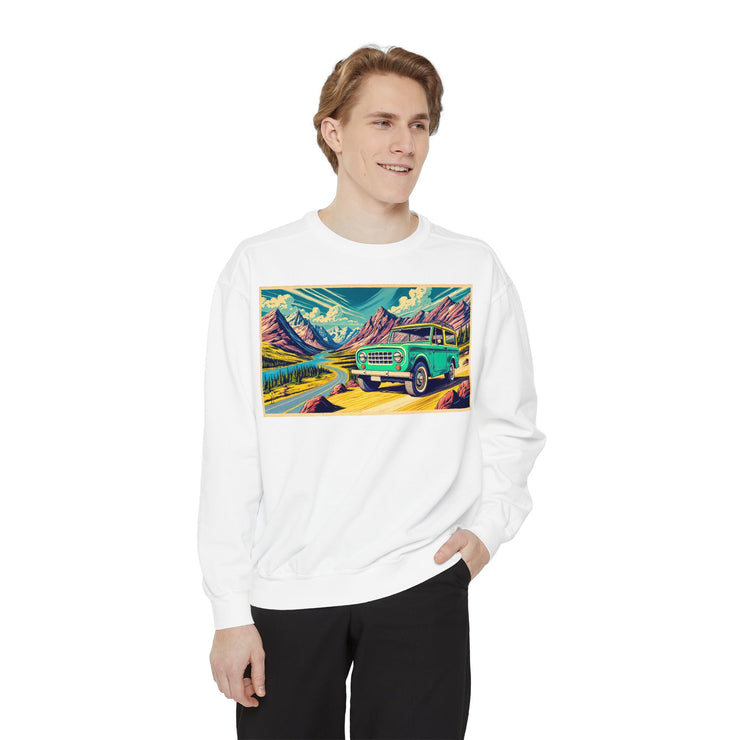 Vintage International Harvester Travelall Mountain Scene Unisex Garment-Dyed Sweatshirt | Retro Adventure Sweatshirt