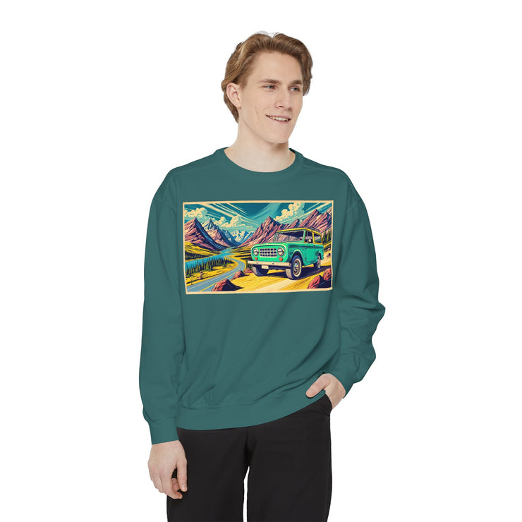 Vintage International Harvester Travelall Mountain Scene Unisex Garment-Dyed Sweatshirt | Retro Adventure Sweatshirt