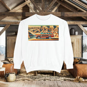 Vintage Jeep Grand Wagoneer Desert Scene Unisex Garment-Dyed Sweatshirt | Retro SUV Sweatshirt