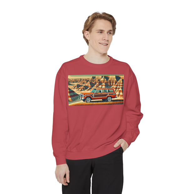 Vintage Jeep Grand Wagoneer Desert Scene Unisex Garment-Dyed Sweatshirt | Retro SUV Sweatshirt