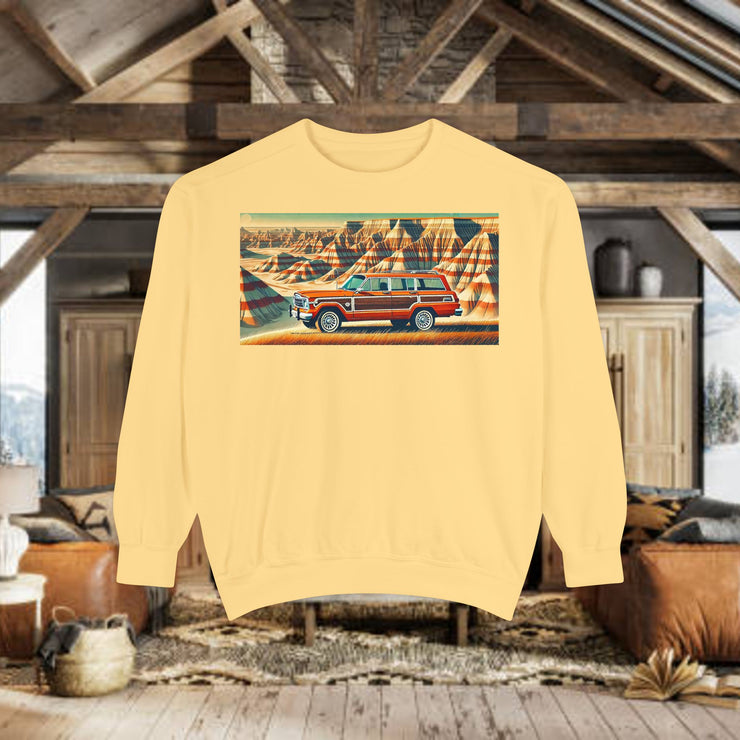 Vintage Jeep Grand Wagoneer Desert Scene Unisex Garment-Dyed Sweatshirt | Retro SUV Sweatshirt