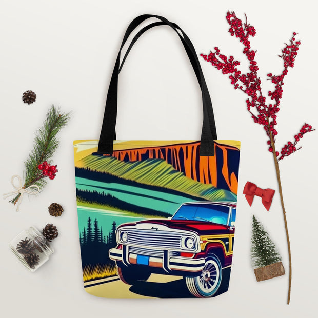 Retro Jeep Wagoneer Tote Bag  Scenic Yosemite Road Trip Art