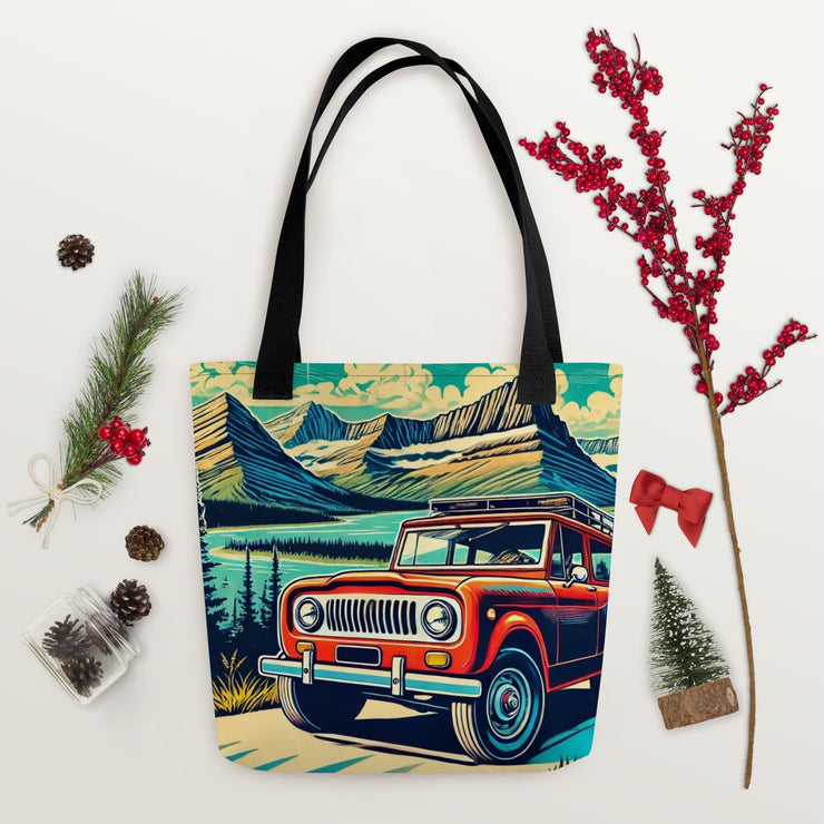 Vintage Off-Road Adventure Tote Bag  Classic International Scout SUV in Majestic Mountain Landscape