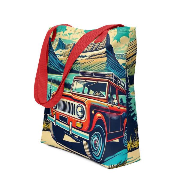 Vintage Off-Road Adventure Tote Bag  Classic International Scout SUV in Majestic Mountain Landscape