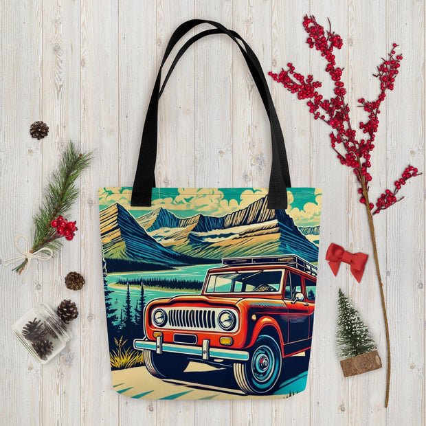 Vintage Off-Road Adventure Tote Bag  Classic International Scout SUV in Majestic Mountain Landscape