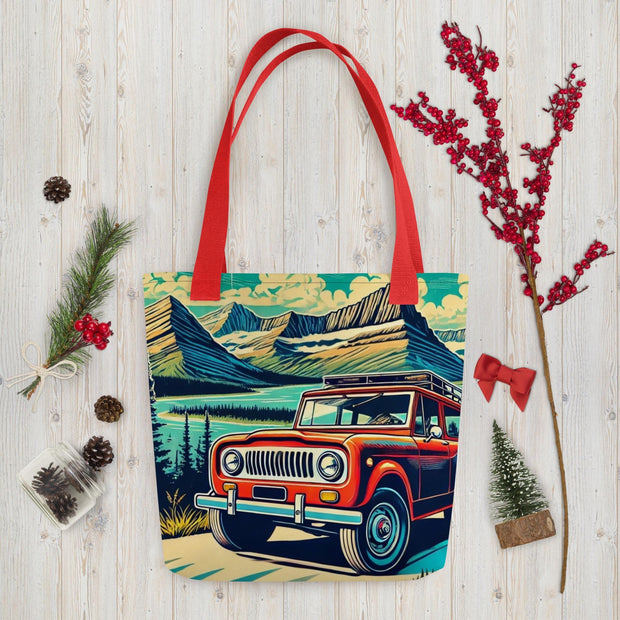 Vintage Off-Road Adventure Tote Bag  Classic International Scout SUV in Majestic Mountain Landscape