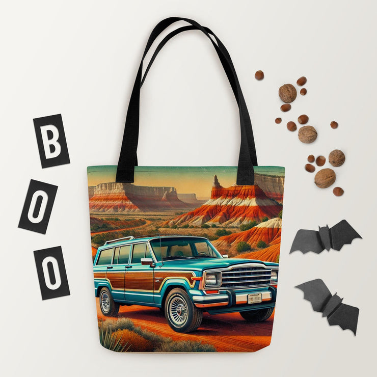 Retro Jeep Adventure Tote Bag  Vintage Scenic Southwest Desert Art