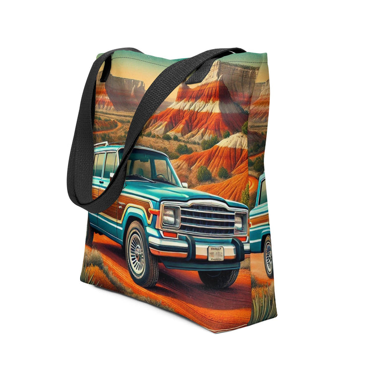 Retro Jeep Adventure Tote Bag  Vintage Scenic Southwest Desert Art