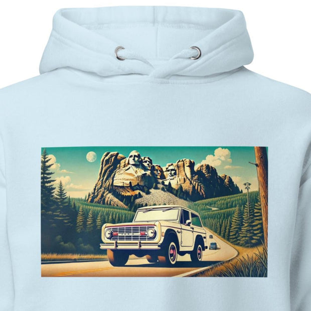 Vintage Red Bronco at Mount Rushmore Hoodie  Retro 4x4 Adventure Sweatshirt by Ramblin Fever Provisions