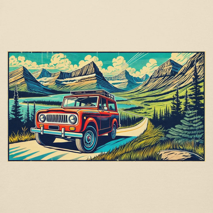 Vintage International Red Scout at Glacier National Park Hoodie | Retro Off-Road Adventure | Ramblin' Fever Provisions