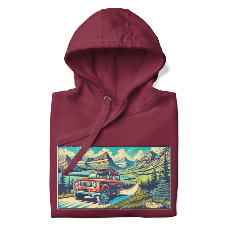 Vintage International Red Scout at Glacier National Park Hoodie | Retro Off-Road Adventure | Ramblin' Fever Provisions