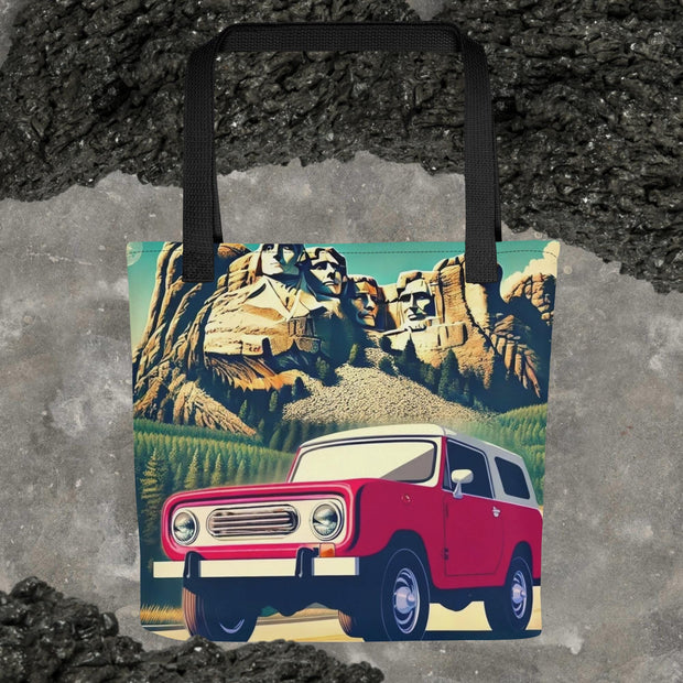 Retro Red 4x4 International Scout at Mount Rushmore Canvas Tote Bag  Vintage Adventure Art by Ramblin Fever Provisions