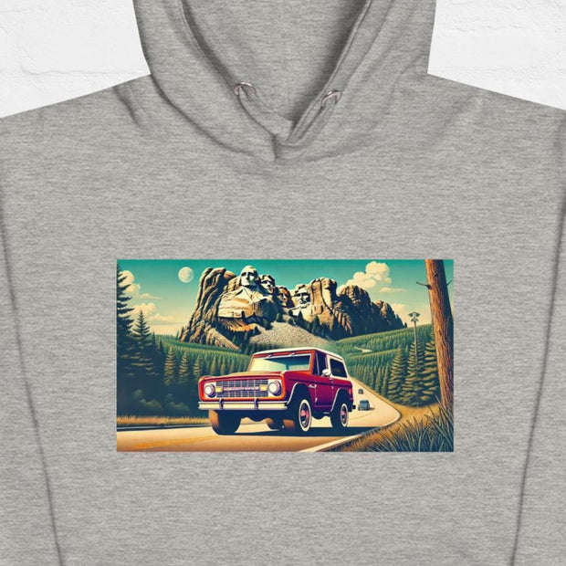 Classic Red Bronco at Mount Rushmore Hoodie | Retro Road Trip Sweatshirt | Ramblin' Fever Provisions