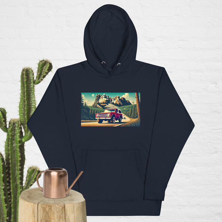 Classic Red Bronco at Mount Rushmore Hoodie | Retro Road Trip Sweatshirt | Ramblin' Fever Provisions