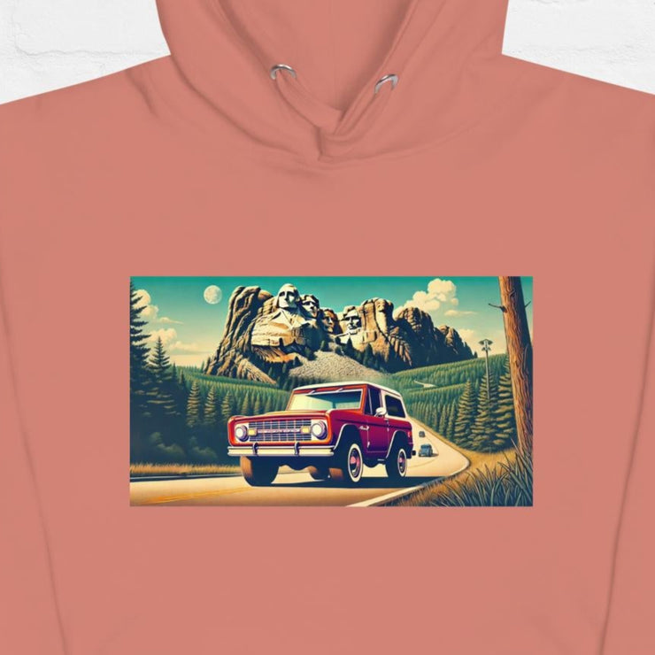 Classic Red Bronco at Mount Rushmore Hoodie | Retro Road Trip Sweatshirt | Ramblin' Fever Provisions