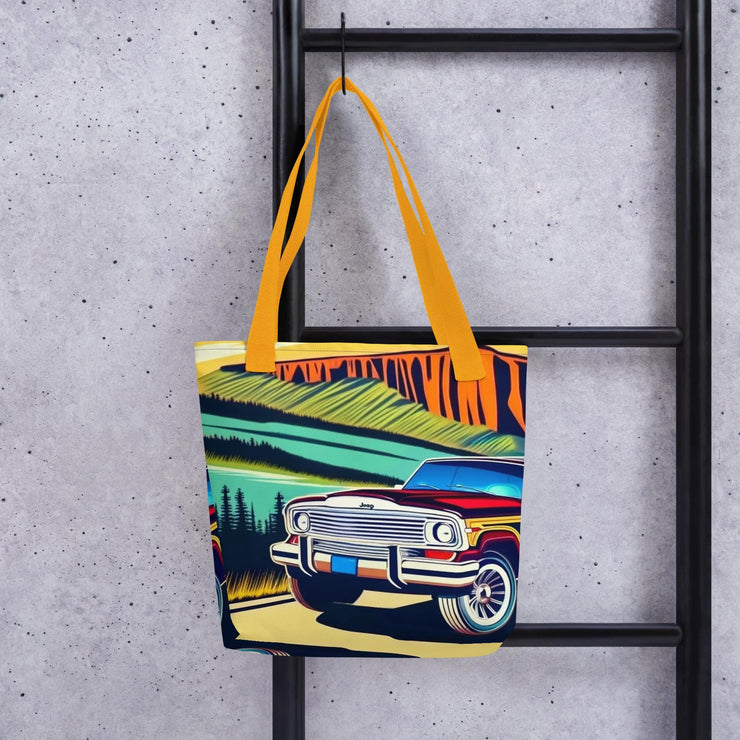 Retro Jeep Wagoneer Tote Bag  Scenic Yosemite Road Trip Art