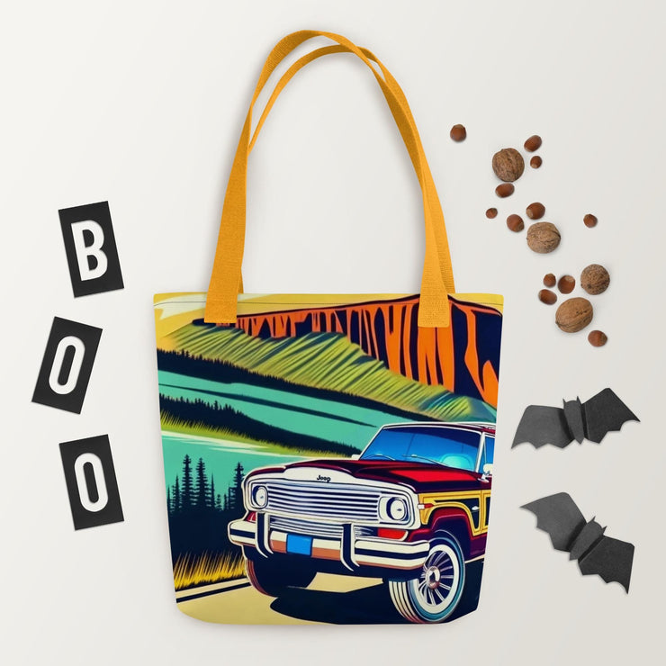 Retro Jeep Wagoneer Tote Bag  Scenic Yosemite Road Trip Art